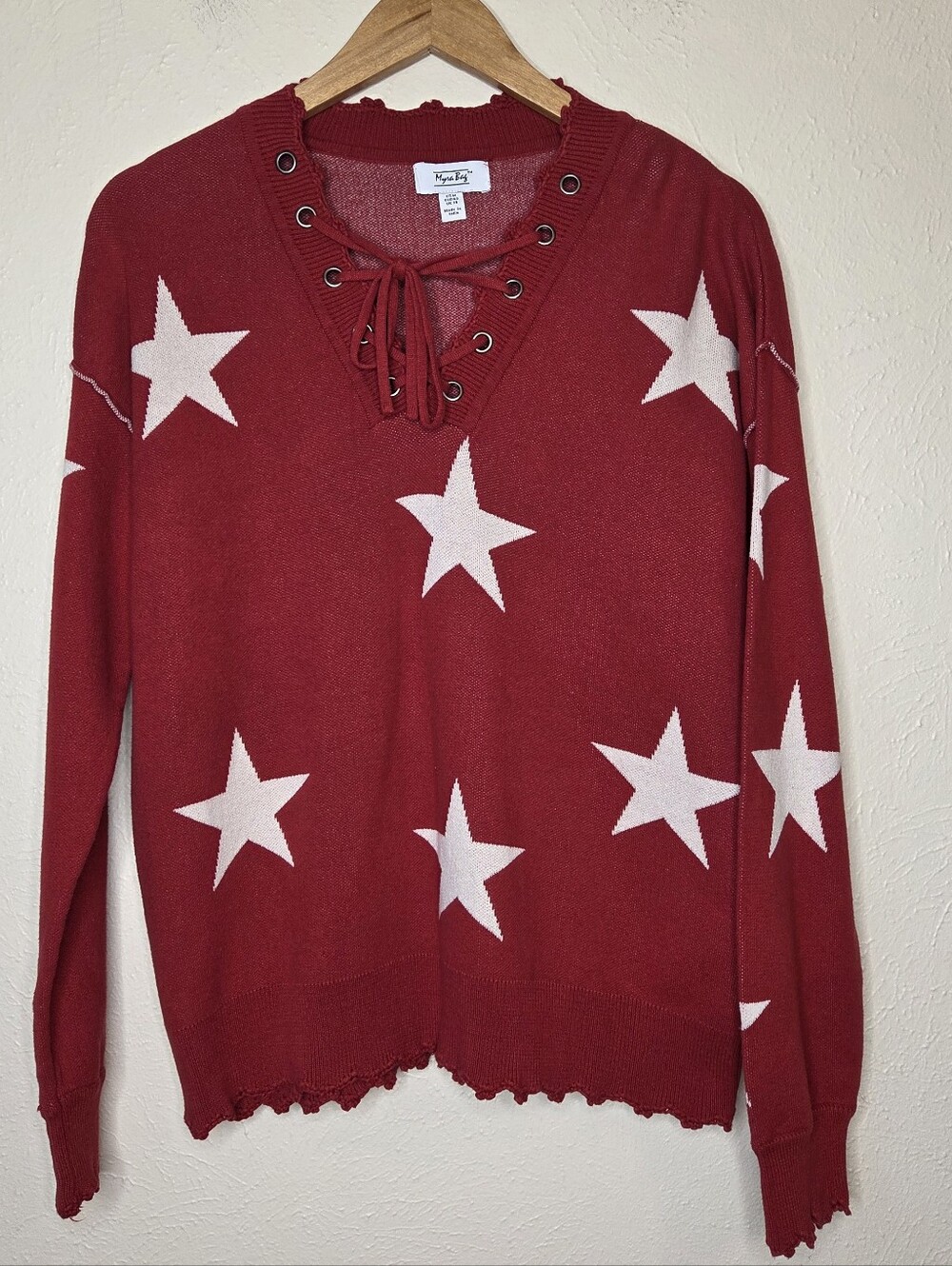 Myra Bag Red Star Lace Up Sweater 100% Cotton Patriotic Size Medium Americana